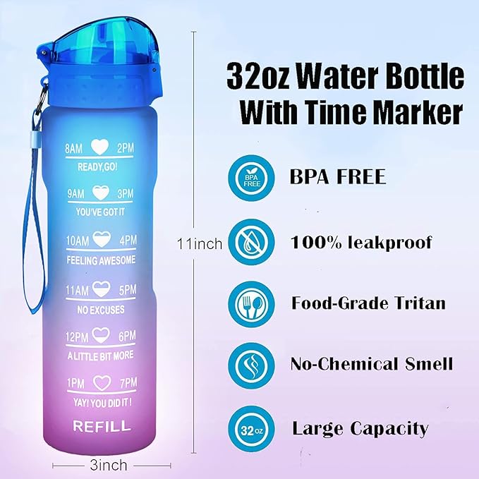 XACIOA Water Bottle with Straw,32oz Plastic Cup with Motivational Time Marker,1L Tritan Sport Lightweight Leakproof BPA-Free,Wide Mouth Fast Flow Ensure You Have Times to Drink,with Straw & Cup Brush