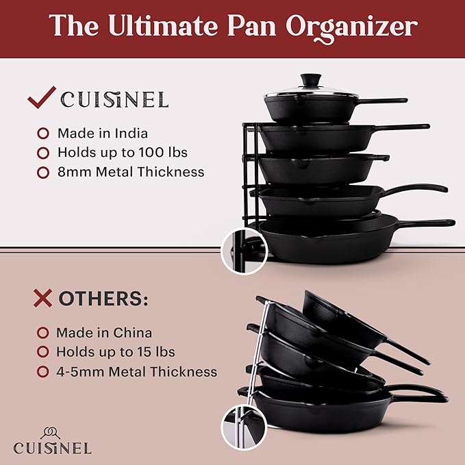 Cuisinel Pan Organizer Rack - 60 to 100-LBS Capacity Extremely Heavy Duty - 8mm Thick Made in India - Matte-Black 12.7"-Tall 5-Tier Space-Saving Kitchen Counter/Cabinet Storage for Cast Iron Cookware,