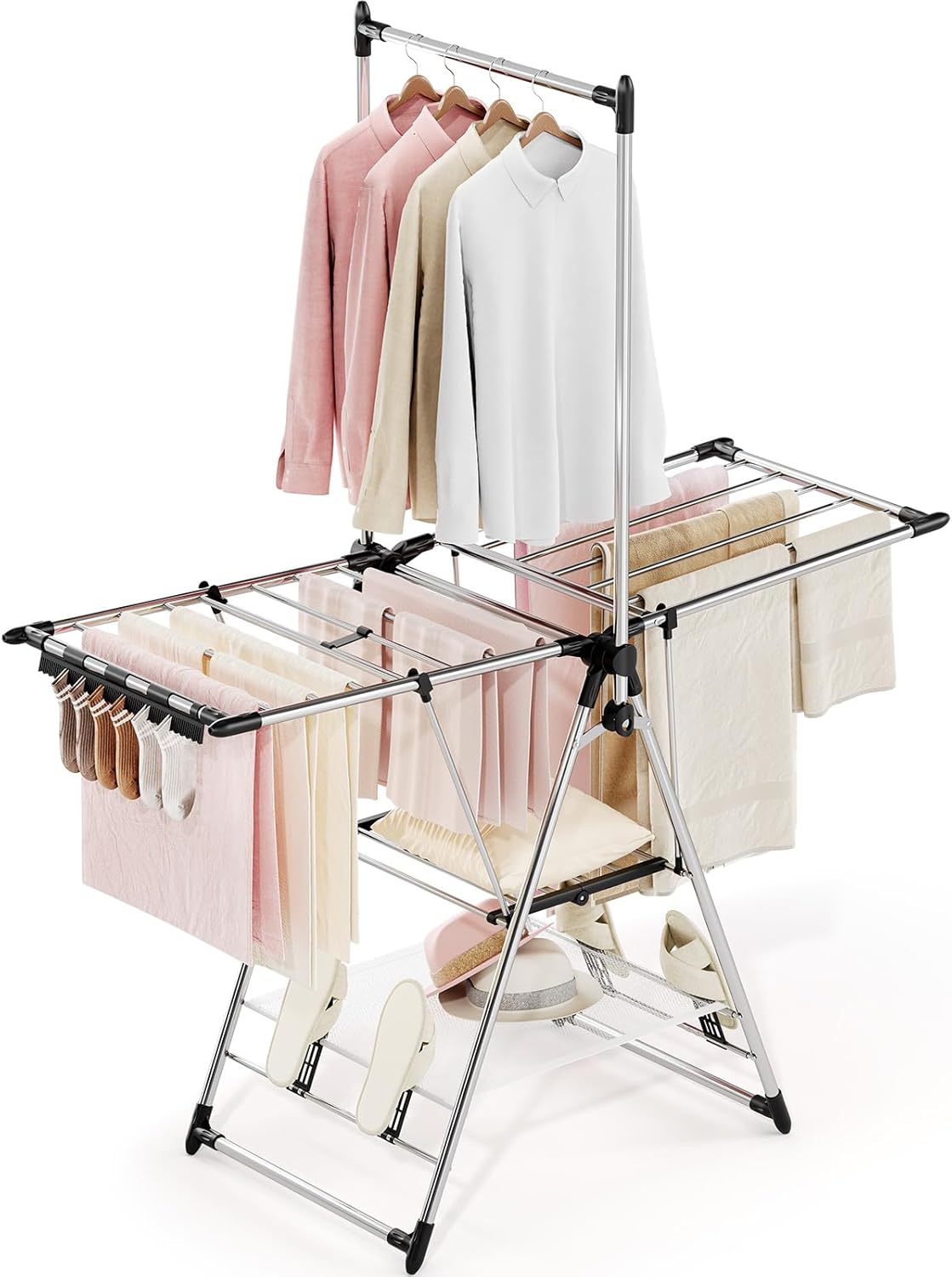 APEXCHASER Clothes Drying Rack with High Hanger, Foldable 3-Level Drying Racks with Shoe Rack, Crossbar and Vertical Rod Laundry Stand with Adjustable Wings Silver