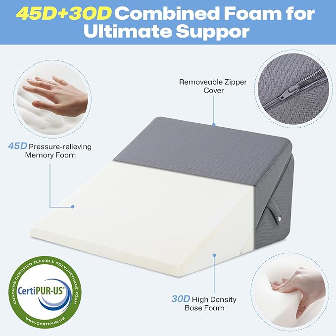 Wedge Pillow for Sleeping, 9 & 12 Inch Adjustable Wedge Pillow for Back Pain Relief Foldable Wedge Pillow for After Surgery Memory Foam Triangle Pillow Wedge for Bed Upright Acid Reflux Snoring