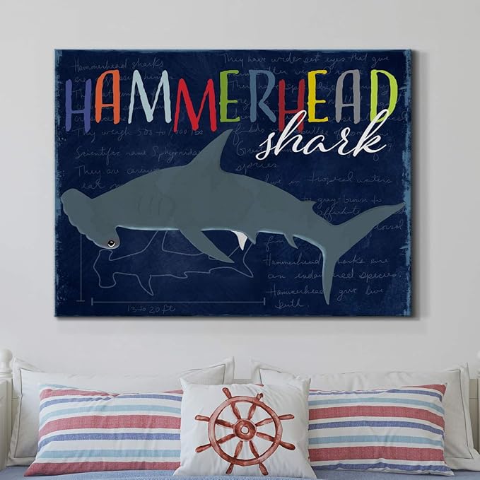 Renditions Gallery Canvas Animal Wall Art Modern Decorations Paintings Colorful Playful Hammerhead Shark Abstract Vibrant Lifestyle Artwork Prints for Kids Bedroom Nursery - 32"x48" LT33