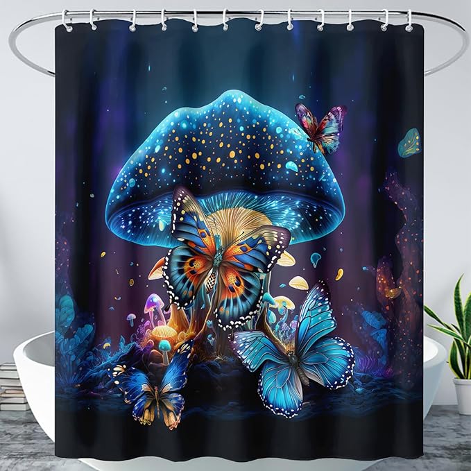 AILONEN Beautiful Butterfly Shower Curtain Bathroom 60" W*72" H Sparkly Blue Butterflies Curtain Cloth Fabric Bathroom for Girls Kids,Magic Mushroom Shower Curtain Set