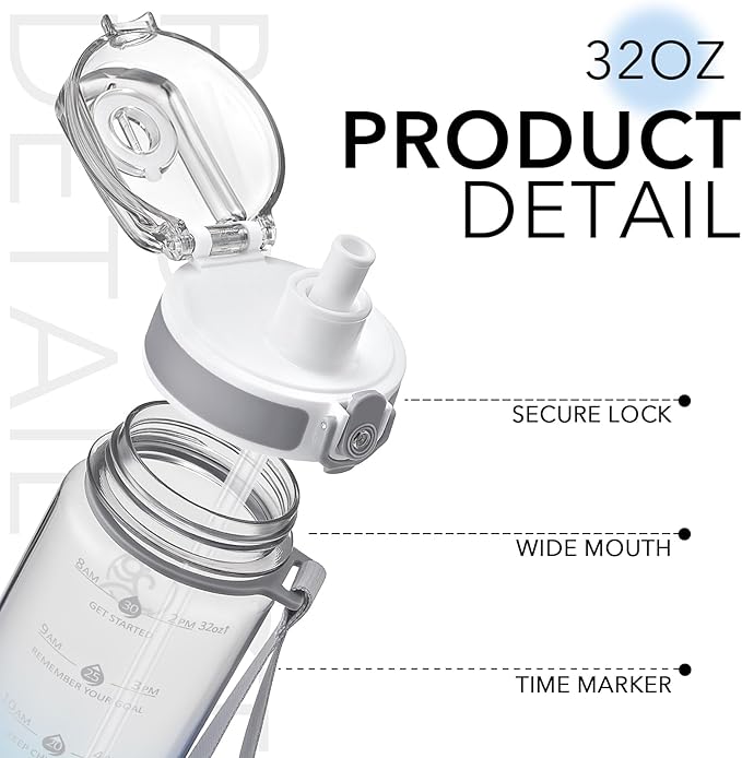 GOSWAG Water Bottles, 32 oz Motivational Sports Water Bottle with Straw and Time Marker to Remind You to Drink, Comes with Carry Strap, Leakproof