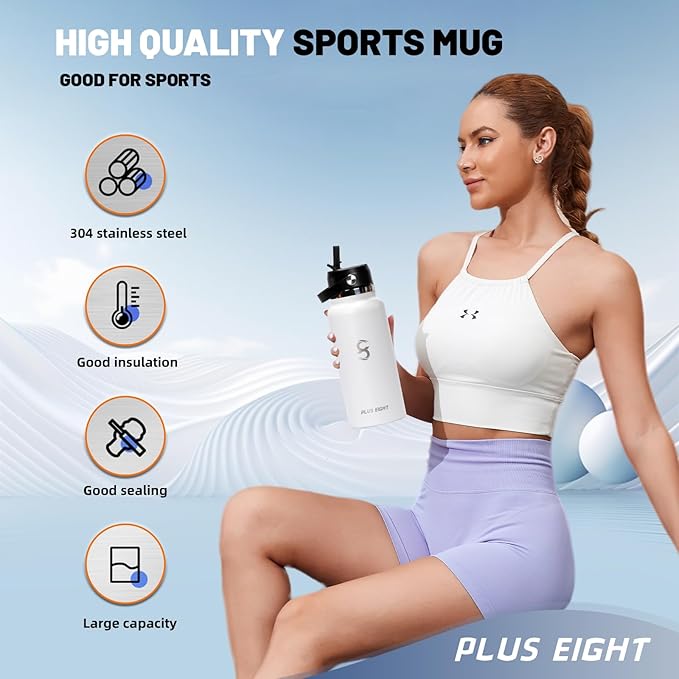 Sports Water Bottle, 32 oz Insulated Water Bottle With Straw, Stainless Steel Water Bottle Wide Mouth for Sports, Gym or Office, BPA-Free Keep Cold 24H Hot 12H (White)