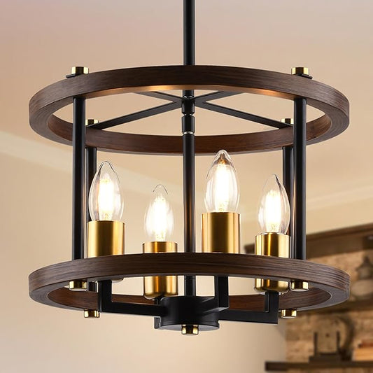 MO&OK 4-Lights Vintage Wood Color Farmhouse Wooden Metal Chandeliers Flush Mount Ceiling Light Fixture Farmhouse Chandelier for Dinning Room Living Room Bedroom Hallway Entryway Kitchen