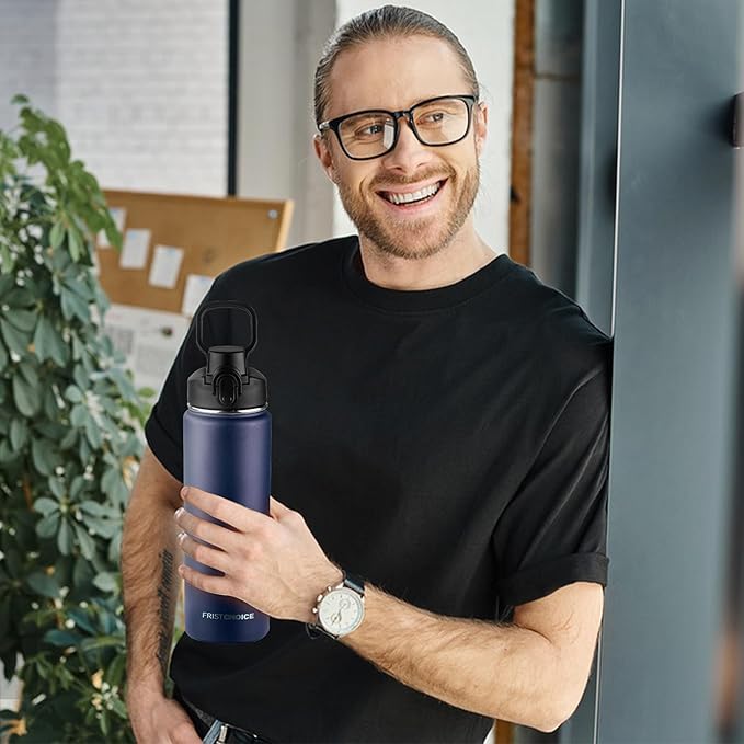 Insulated water bottle with Straw,24oz Stainless Steel Water Bottle for Adult Kids,Double Wall Vacuum Wide Mouth Insulated Water Bottle for Sports,BPA-free and Leak-proof（24oz,Navy blue）