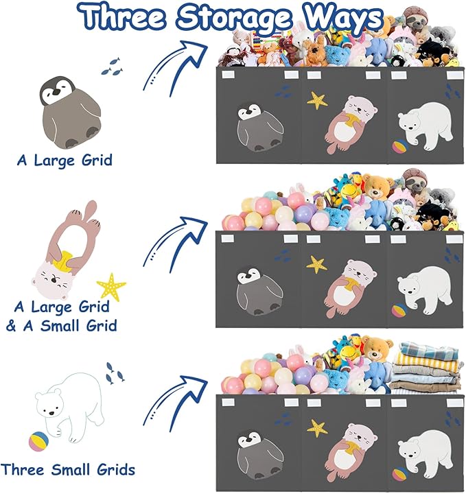 Large Toy Box Storage Chest,Sturdy Toys Storage Organizer Bin Basket with Dividers and Lids for Toddlers,Boys,Girls,Nursery,Closet,Living Room Area,Playroom(Grey Animals)