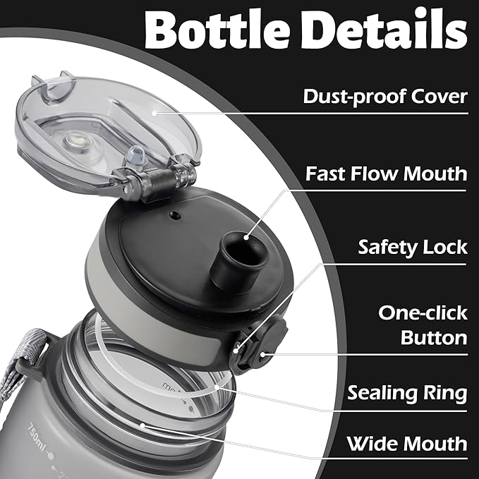 OLDLEY 25 oz Water Bottle, Motivational Water Bottle with Time Marker, Sports Water Bottle With Strap, Leakproof & BPA Free Large Water Bottles for School, Gym, Travel, Outdoor, Tritan,Gray