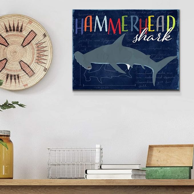 Renditions Gallery Canvas Animal Wall Art Modern Decorations Paintings Colorful Playful Hammerhead Shark Abstract Vibrant Lifestyle Artwork Prints for Kids Bedroom Nursery - 18"x27" LT33
