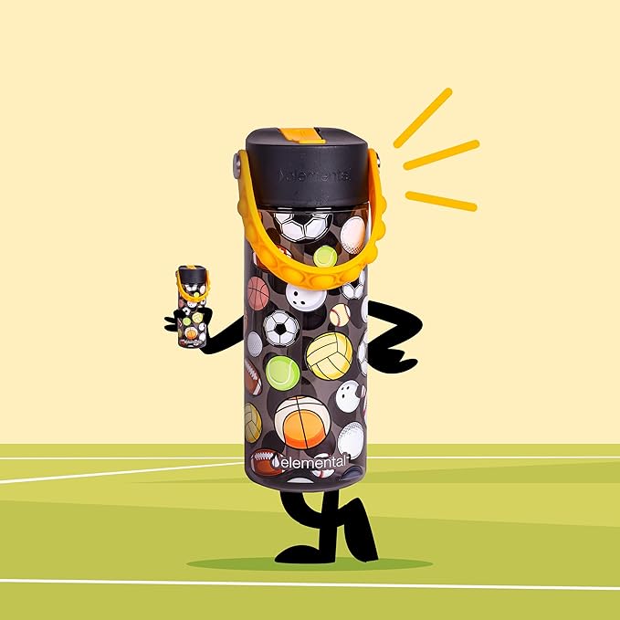 Elemental Leak Proof Water Bottles for Kids - Splash Kids Water Bottle for School with Fun Fidget Pop-it Handle - BPA Free Tritan Plastic Reusable Water Bottle with Straw - Sports Ball - 18oz