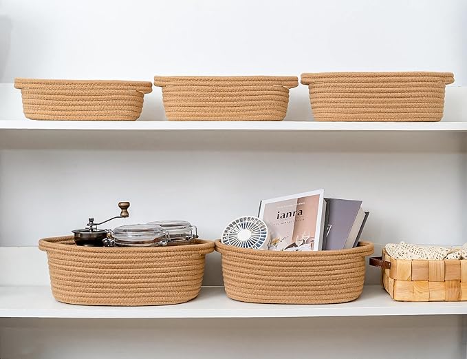 CubesLand Small Shelf Shelves Closet Over Toilet Storage Cube Organizer Basket Bin 5-Piece,Woven Basket Bin for Organizing,Nesting Cute Rope Baby Dog Cat Toy Basket Box,Tan Basket for Storage
