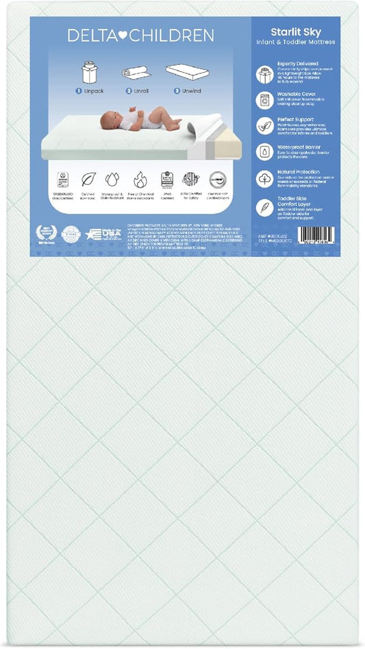 Delta Children Starlit Sky 2-Stage Crib and Toddler Mattress – GREENGUARD Gold Certified, CertiPUR-US Certified Foam, Breathable Machine Washable Cover, Waterproof Barrier, Made in USA, Green