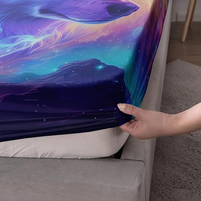 AILONEN Wolf Fitted Sheet Set Queen Size for Boys,Purple Galaxy Wolf Bed Sheet Set for Kids Teen, 3 Pieces Safari Wolf Sheet Set,Starry Wolves Fitted Sheet with 2 Pillowcases