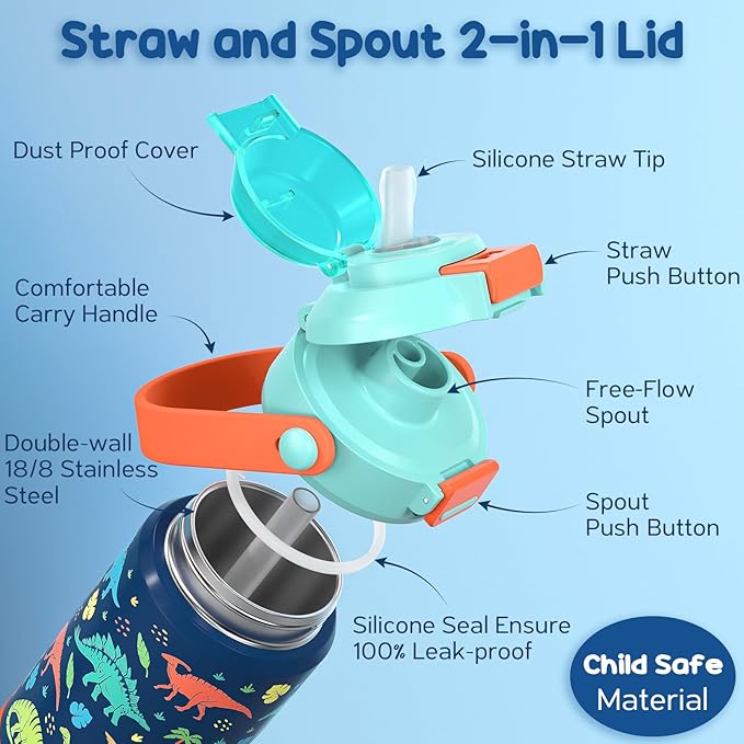 Fimibuke Kids Insulated Water Bottle with Pop-Open Straw & Spout 2-in-1 Lid, 18oz Leak Proof 18/8 Stainless Steel Vacuum Tumbler, BPA-Free Kids Cup For Travel School Boys Girls Toddler 1Pack, Dinosaur