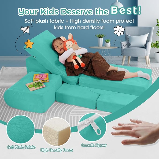 Modular Kids Sofa Play Couch, 12-Piece Kids Couch Sectional Sofa for Playroom Fort Buliding, 3S Instant Rebound and Fully Expand, Versatile Kids Play Couch for Toddler to Teen