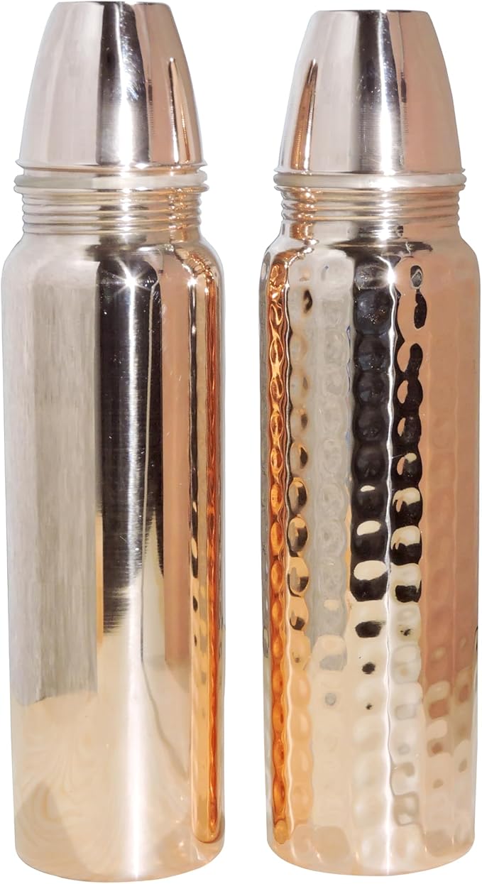 Set of Plain and Hammered Copper Water Bottle Thermos, 850 Ml (28.75 Fl Oz) UNLINED, UNCOATED and LACQURED-FREE for Ayurveda Health Benefits