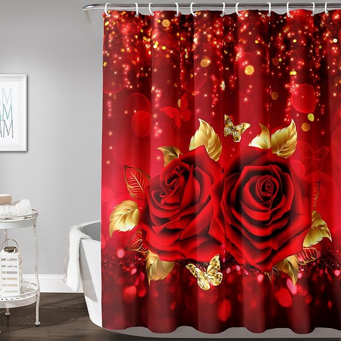 AILONEN Red Rose Shower Curtain for Bathroom,Romantic Rose Flower Waterproof Bath Curtain,Girls Women Curtain Bathroom Decor 72" W x 84" H with 12 Plastic Hooks