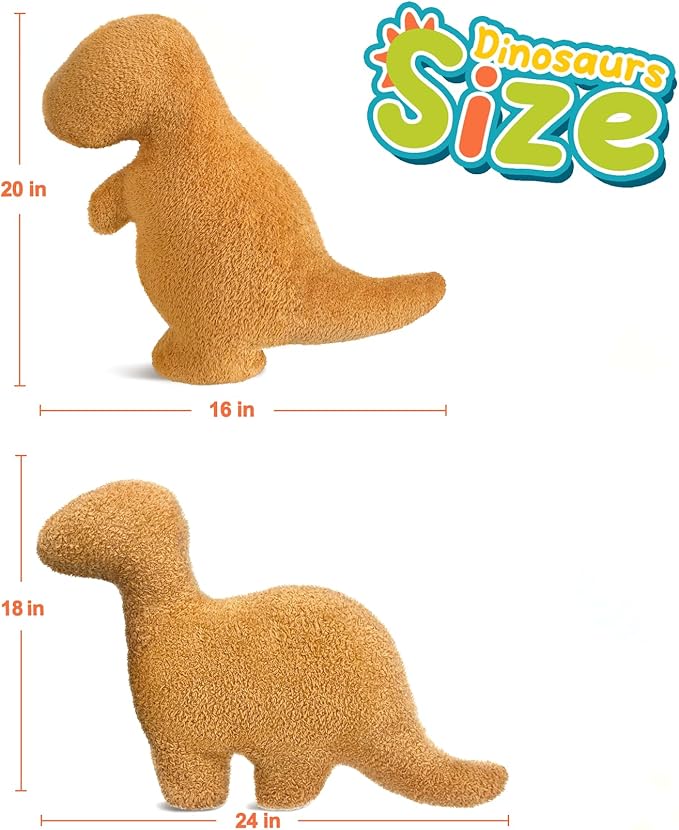 Dino Chicken Nuggets Pillow for Birthday Gifts, Dinosaur Chicken Nuggets Plush Funny Gifts for Teen Boys Girls, Cute Dinosaur Stuffed Animal, Dinosaur Gifts for Adults Kids (Large, 2Pcs)