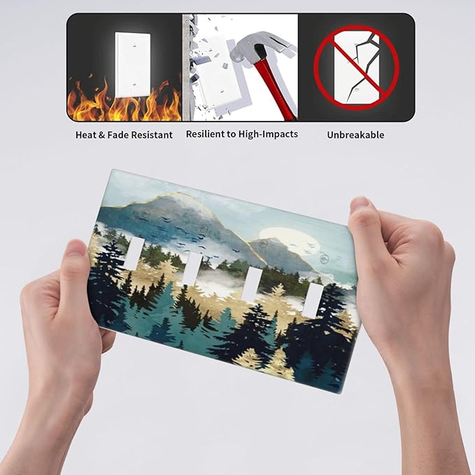 Boho Mountain Forest Abstract Sunset Sunrise Sun Quad Toggle Light Switch Covers 4 Gang Wall Plate Decorative Switchplate Electrical Faceplate for Country Bathroom Bedroom Decor