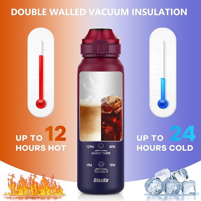 Sports Water Bottle 18/10 Stainless Steel 32oz with 2Lids, 1000ml Insulated Water Bottle Double Walled with Handle, Metal Canteen Keep Cold 48H Hot 24H for Men, Women & Kids