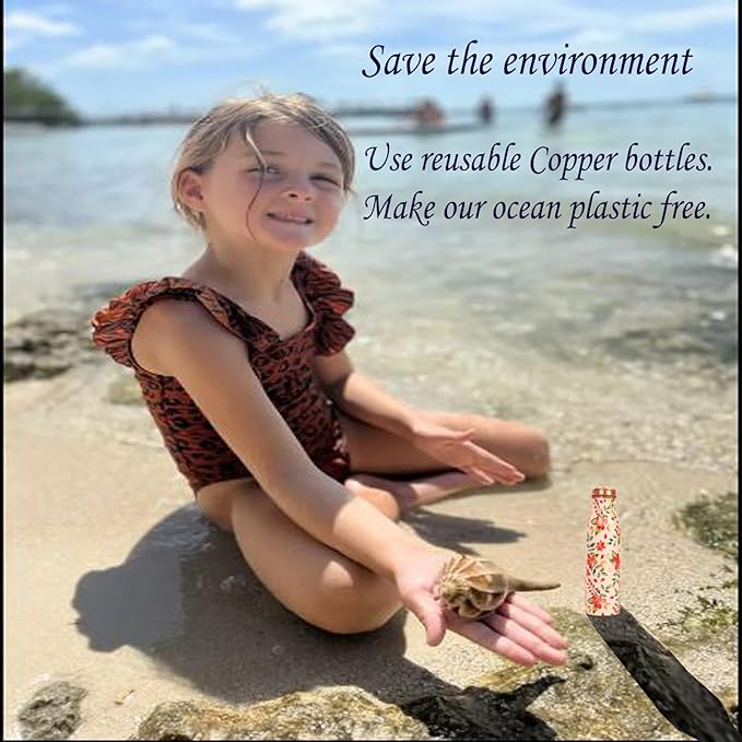 Pure Copper Water Bottle - Handcrafted - Ayurveda health benefits - Large 17.50 oz - Leak proof - Easy to carry for Sports, Fitness, Yoga, School - White Base Floral Vintage Colors Enamel