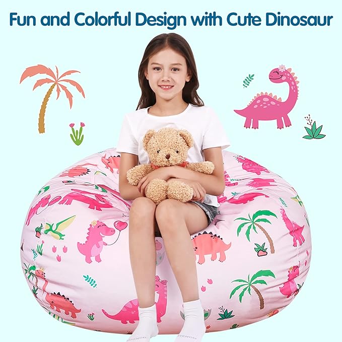 Lukeight Stuffed Animal Storage Bean Bag Chair Cover for Kids, Dinosaur Zipper Beanbag Chair Cover for Organizing Toddler and Kids' Rooms Plush Toys (Dinosaur Blush, Large)