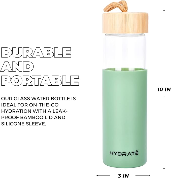 HYDRATE Glass Water Bottle, 25 oz - Gym Drinking Bottles with Slip Resistant Silicone Sleeve and Leak Proof Bamboo Lid - Clear Sports Bottle Made of Borosilicate Glass (10 x 3 inches, Olive Green)