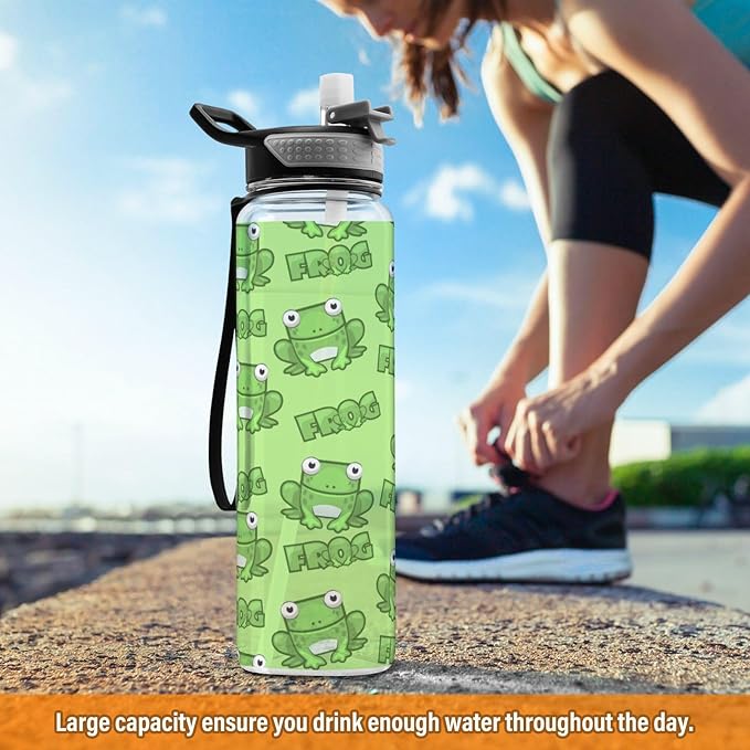 Water Bottle with Straw Kawaii Frogs Green Sports Bottles BPA-Free Tritan Water Jug with Carrying Strap for Women Men Gym Outdoor Sports