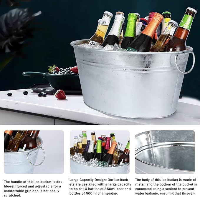 Ice Bucket, Oval Beverage Tub, Galvanized Bucket and drink Cooler for Parties, Ice Tub with Handles for Beer Sparkling Whisky Wine Cocktails (3.5gal) (Galvanized)