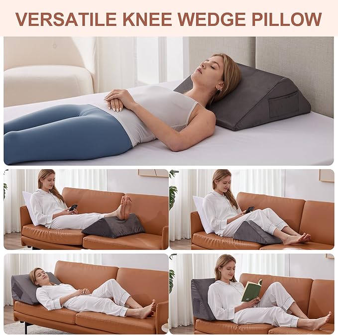 Knee Wedge Pillow, Memory Foam Leg Pillow Bed Wedge for Sleeping, Post Surgery Triangle Pillow for Knee Support, Leg Elevation, Knee Hip Back Pain Relief (23.6" x 23" x 7.9", Large Size, Short Plush)