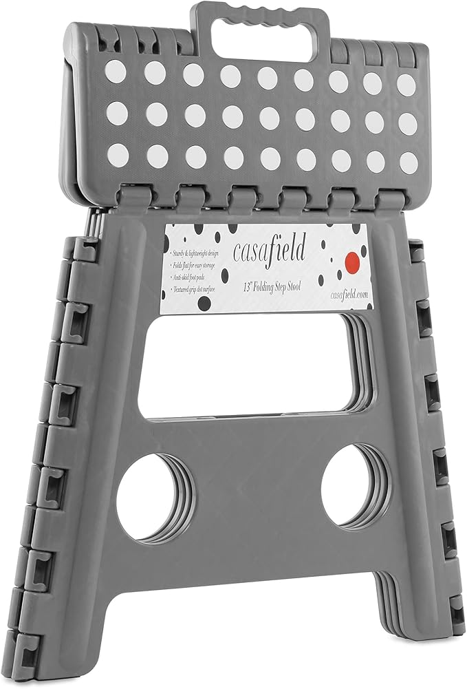 Casafield 13" Folding Step Stool with Handle, Gray - Portable Collapsible Small Plastic Foot Stool for Adults - Use in The Kitchen, Bathroom and Bedroom