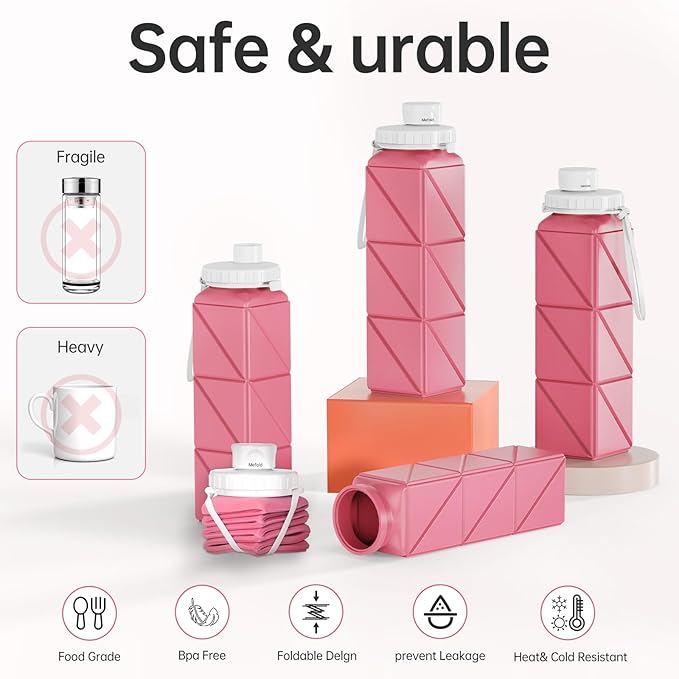 Collapsible Water bottle for Travel Cycling Gym Camping Sports,Leakproof Lid,Food Grade BPA-Free Silicone Travel Bottles 610ml -Lightweight Portable,Wide Mouth,Durable,Foldable Water Bottle