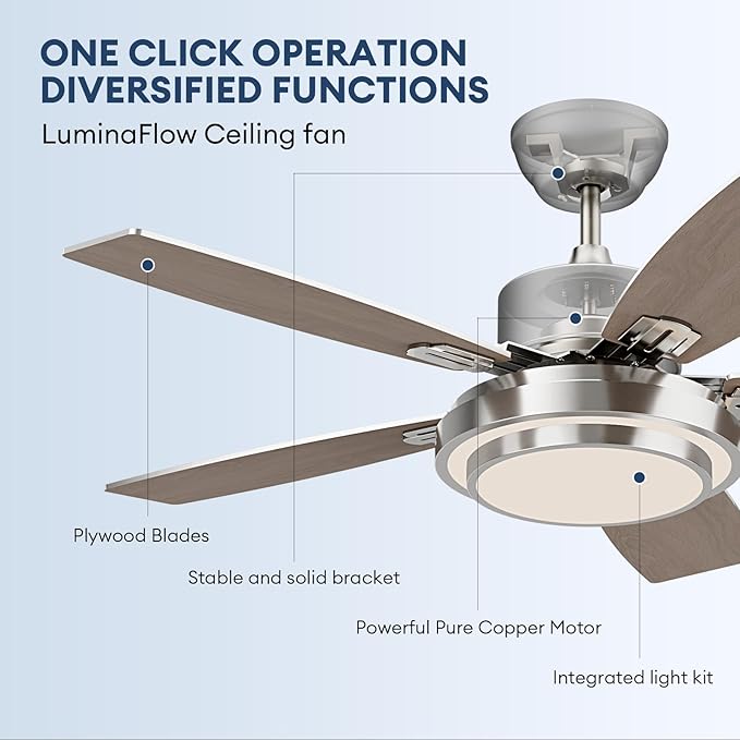 42 Inch Ceiling Fans with Lights and Remote/APP Control, Modern Nickel Ceiling Fan with Quiet Reversible DC Motor, 3 CCT Dimmable LED for Bedroom, Living Room, Patio, Indoor and Outdoor