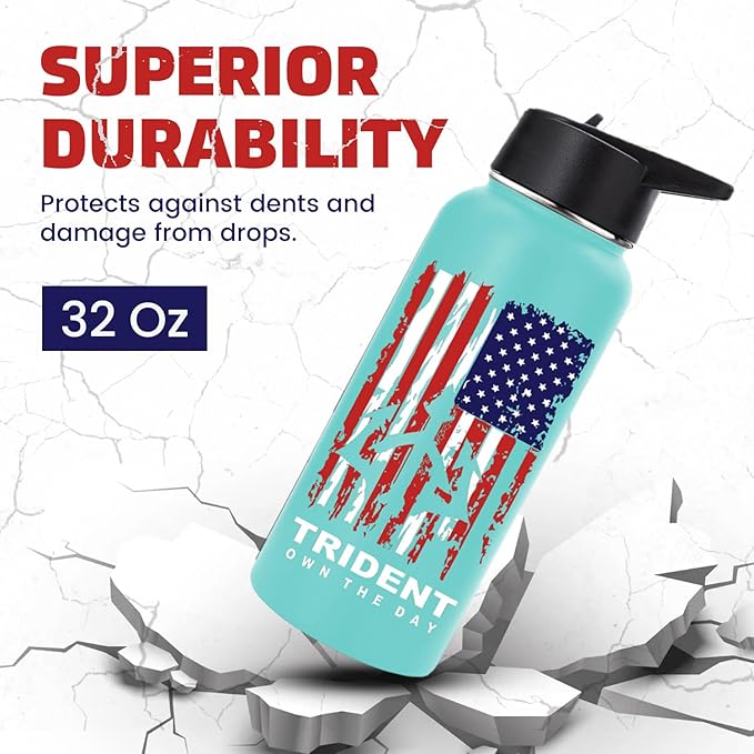 American Flag Water Bottle, 32 oz Insulated Water Bottle, Reusable Water Bottle with Straw, Leak Proof Water Bottles, Thermos Water Bottle - Combat Veteran Small Business (Teal, 32 Oz)