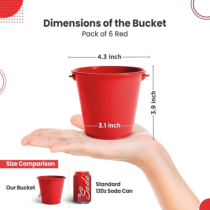 Small Metal Buckets with Handle 6 Pcs – Galvanized Bucket Leak Proof & Rust Resistant 20 fl oz Capacity - Best for Party Décor, Organizing & Decorating Classrooms (Red, Small 4.3" Top)