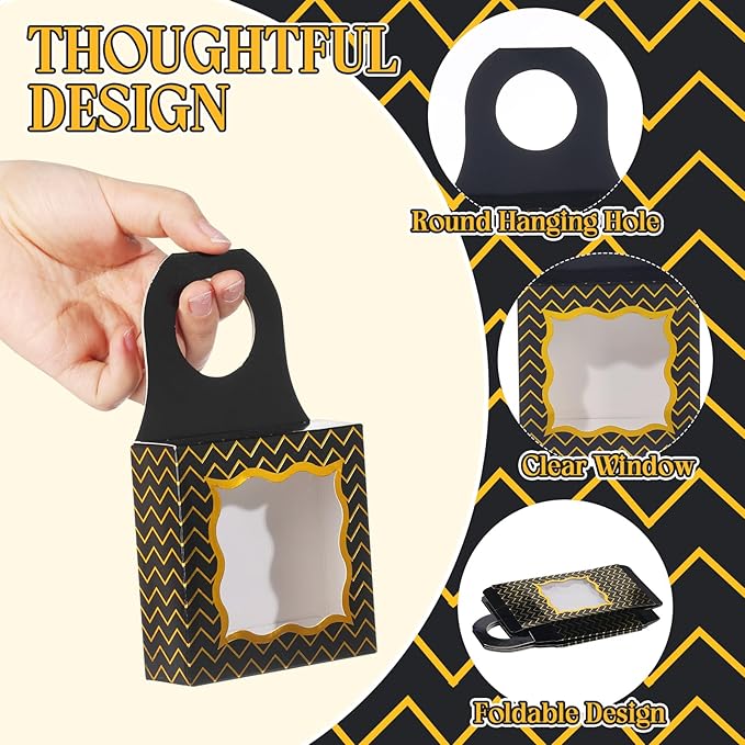 ISKYBOB 20PCS Wine Bottle Box with Window, Kraft Paper Wine Boxes for Birthday Gifts Hanging Wine Treat Box Mini Charcuterie Boxes Champagne Bottles Gift Boxes Candy Box for Party Favor (Black Gold)