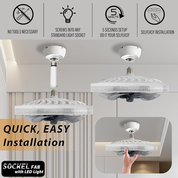 Light Socket Fan with Remote ,12.2''Socket Modern Flush Mount Low Profile Ceiling Fan,Screw in Socket Fan Light with Dimmable Brightness and Color Temp,for Bedroom, Small Living Room, Kitchen