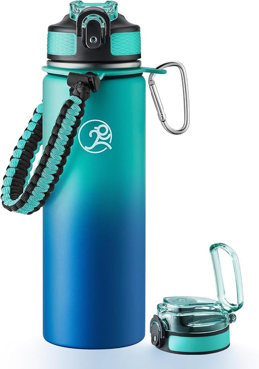 GOSWAG Insulated Sports Water Bottle, 24oz 2 Lids(with Straw/No Straw), Stainless Steel Water Bottles with Paracord Handle, Insulated Thermos with Double-Wall Vacuum Insulation