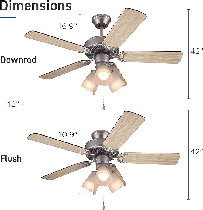 COMMERCIAL COOL 42” Contemporary Ceiling Fan with Lights, Cools up to 175 Sq. Ft., Ideal for Medium Sized Rooms, Equipped with Dual Chain, 5 Reversible Dual Finish Blades & Featuring 3 Air Flow Speeds