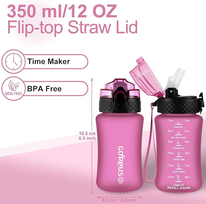 GOPPUS Kids Water Bottle with Straw Spout Lid 10pcs Stickers 12 oz Leak-proof BPA Free Motivational Time Marker Tritan Plastic Water Bottles for Girls Boys School Sports