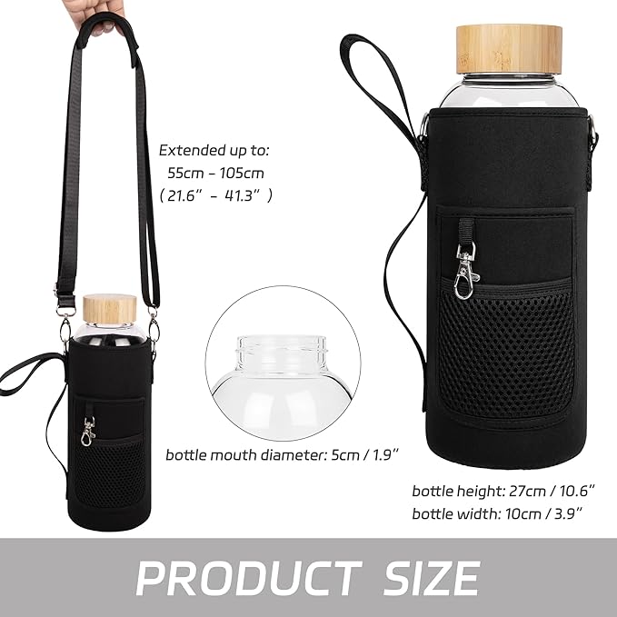 48 oz Sports Borosilicate Glass Water Bottle with Bamboo Lid with Neoprene Sleeve