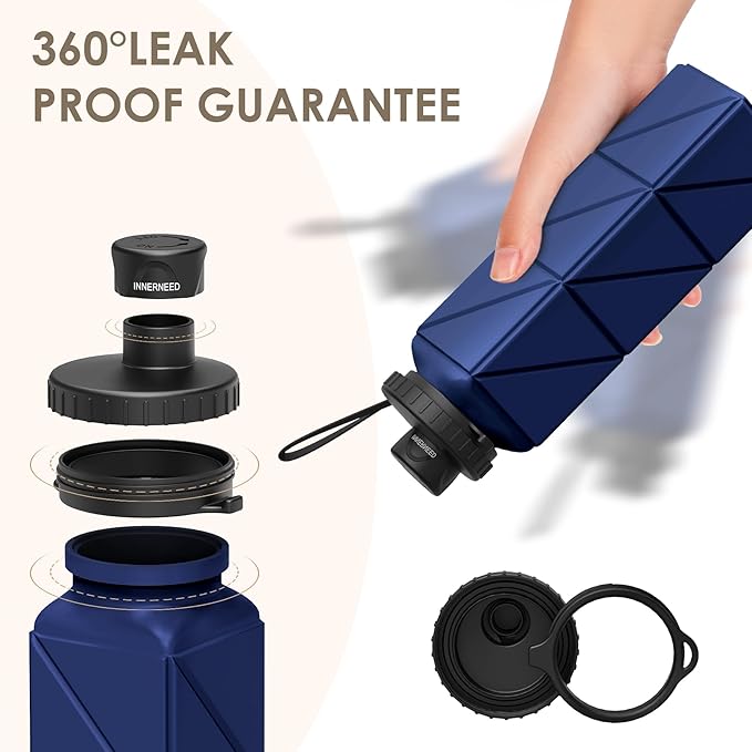 INNERNEED Collapsible Water Bottle, Reuseable BPA Free Silicone Foldable Water Bottles for Travel Gym Camping Hiking, 20.6 fl.oz, Portable, Food-Grade, Leak Proof (1 Pack, Dark Blue)