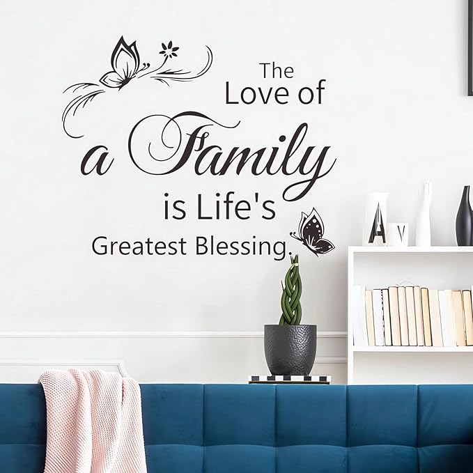 Family Wall Sticker, Inspirational Wall Decor Home Wall Decoration Warm Quotes Stickers Waterproof Removable Butterfly Sticker Letter Word Decal for Bedroom Dining Room Kitchen Wall Art Decor(Black)