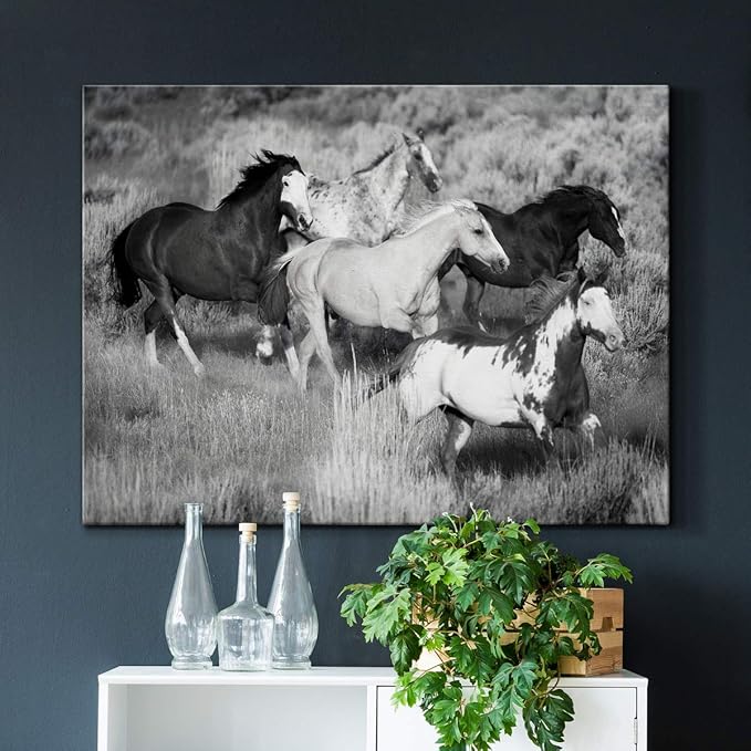 Renditions Gallery Canvas Animal Wall Art Modern Decorations Paintings Running Vintage Horses Black & White Nature Wall Hanging Artwork Prints for Bedroom Office Kitchen - 32"x48" LT33