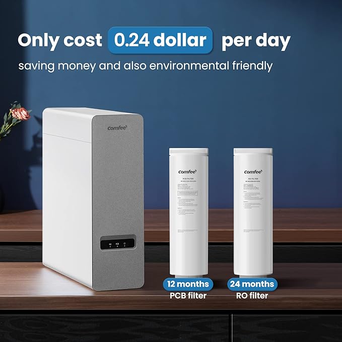 COMFEE' Reverse Osmosis System, 800 GPD, 2:1 Pure to Drain, Tankless RO System, Under Sink Water Filter System, Smart LED Faucet, TDS Reduction, Automatic Flushing, USA Tech Support