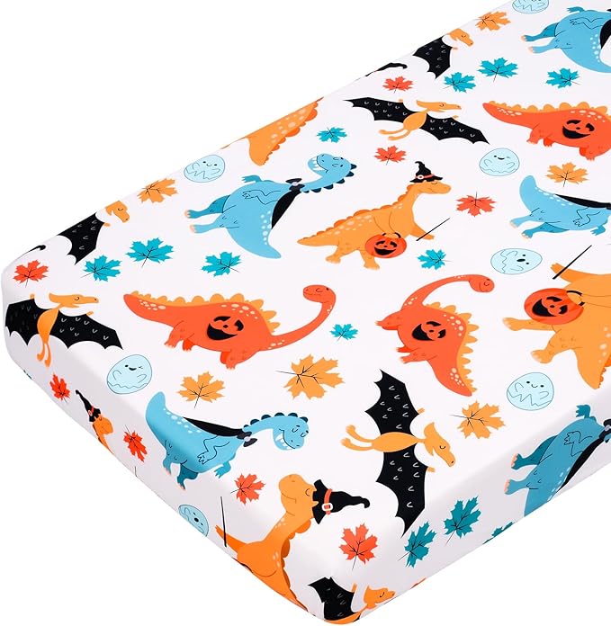 JISEN Baby Crib Sheet 1 Piece Portable Fitted Crib Sheet for Standard Crib and Toddler Mattresses Nursery Bed Decor for Boys Girls 28x52 Halloween Dinosaurs