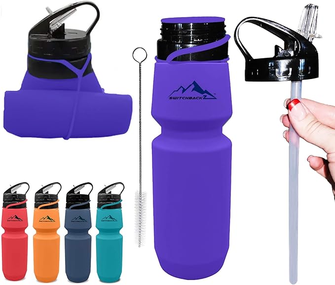 Collapsible Water Bottle (25Oz) - BPA Free Silicone Space Saving Collapse Water Bottle W/ Removable Straw | Temperature Resistant Collapsible Water Bottles For Travel And Rugged Outdoor Activities
