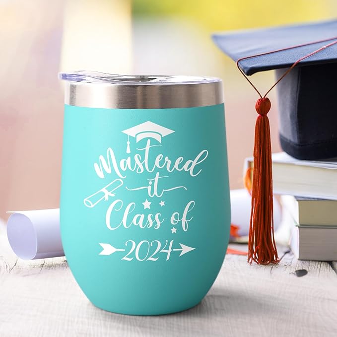 Lifecapido Graduation Gifts, Mastered it Class of 2024 12oz Wine Tumbler with Keychain, 2024 High School College Masters Degree PHD Graduation Gifts for Her Graduates Friends Classmates, Aqua Blue