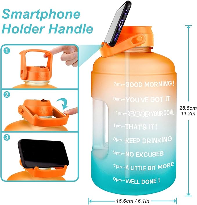QuiFit 1 Gallon Water Bottle - with Straw & Motivational Time Marker Leak-Proof BPA Free Reusable Gym Sports Outdoor Large(128OZ) Capacity Water Jug(Orange/Green Gradient,1 Gallon)