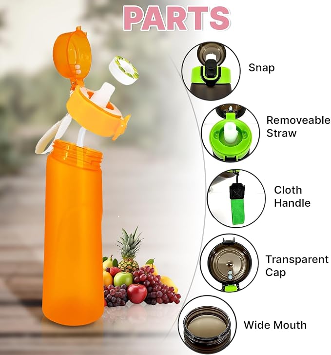 Water Bottle 650 ml scent water bottle with 5 flavor pods,Leak proof and BPA-free sports air water bottle with straw,suitable for outdoor sports 0 sugar 0 calorie Ideal gift orange
